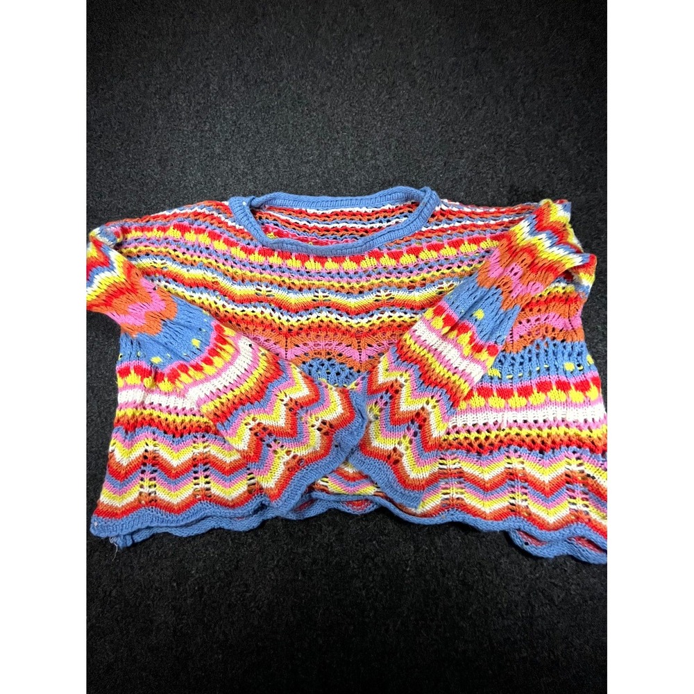 SHEIN Sweater Women XS Multicolor Striped Crochet Open Knit Bell Sleeve Pullover